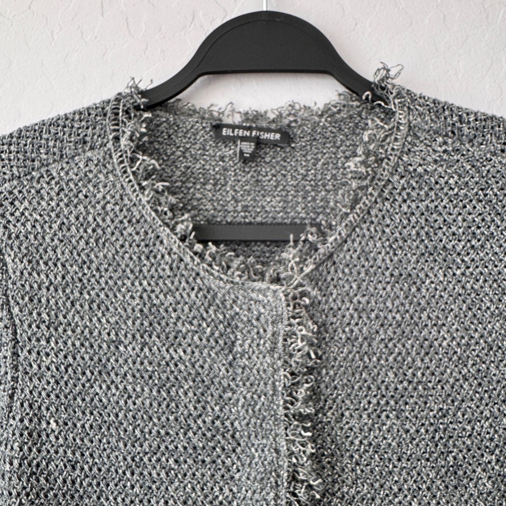 Eileen Fisher Cardigan Sweater M Gray Knit Frayed Trim‎ Snap Front Long Sleeve - Picture 3 of 6